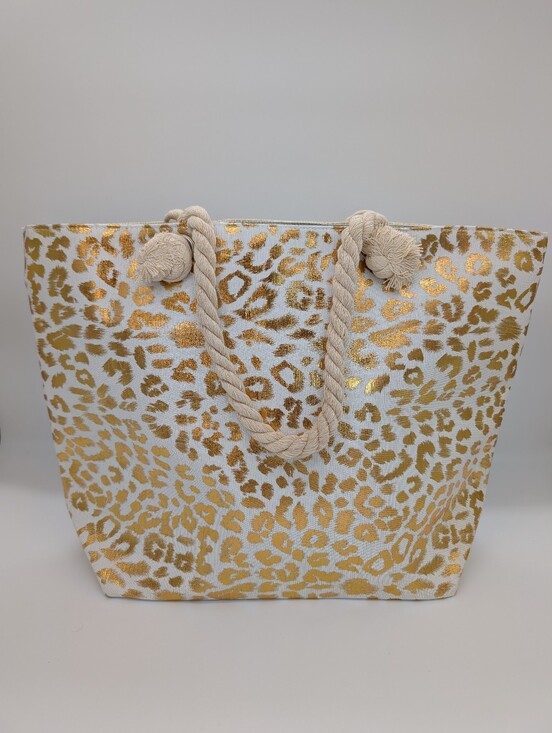Love Of Fashion Handbags - Love Of Fashion LOF Gold Metallic Leopard Print Beach Tote Bag Rope Handles